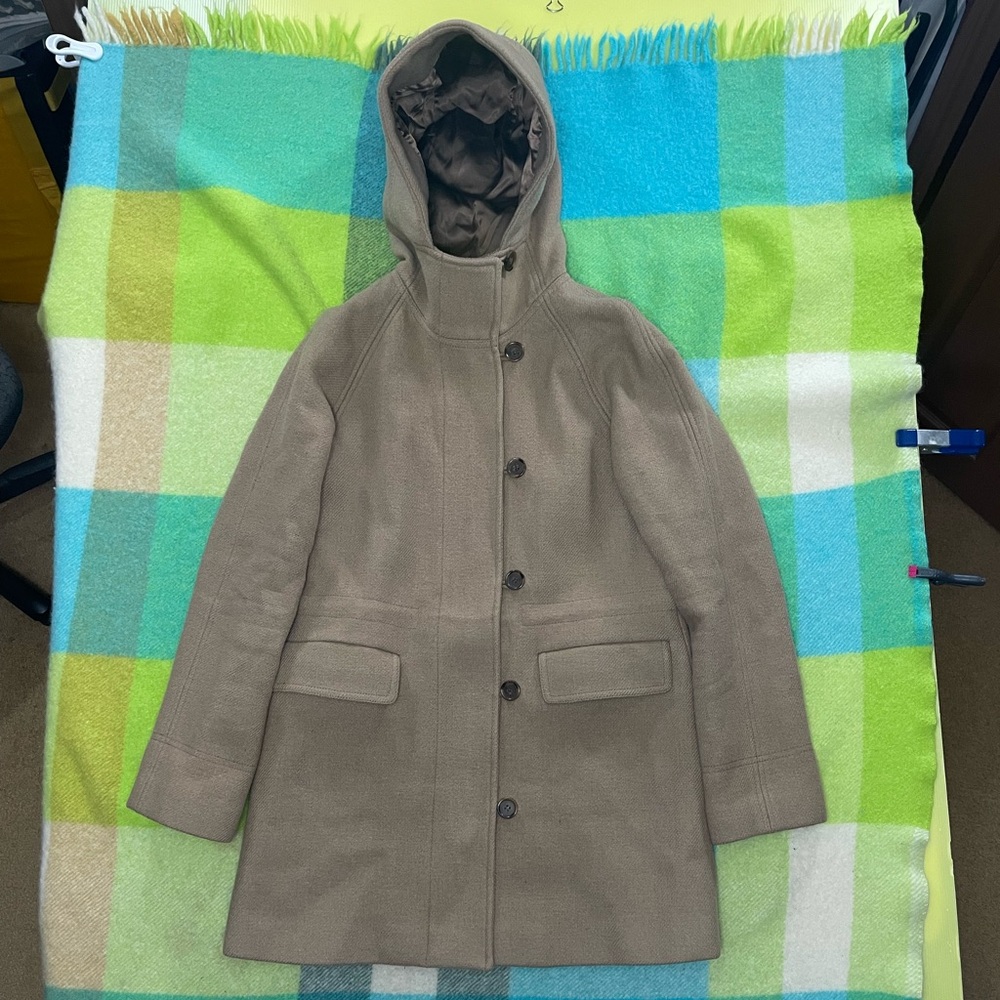 J. Crew Women's Wool Blend Hooded Full Zip Button Front Pea Coat Tan